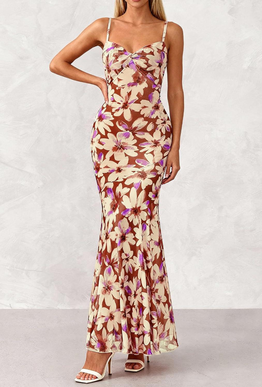 imageBTFBM Summer Dresses for Women 2026 Spaghetti Straps Sundress Twist Knot Mesh Mermaid Wedding Guest Dress Beach VacationFloral Brown Beige