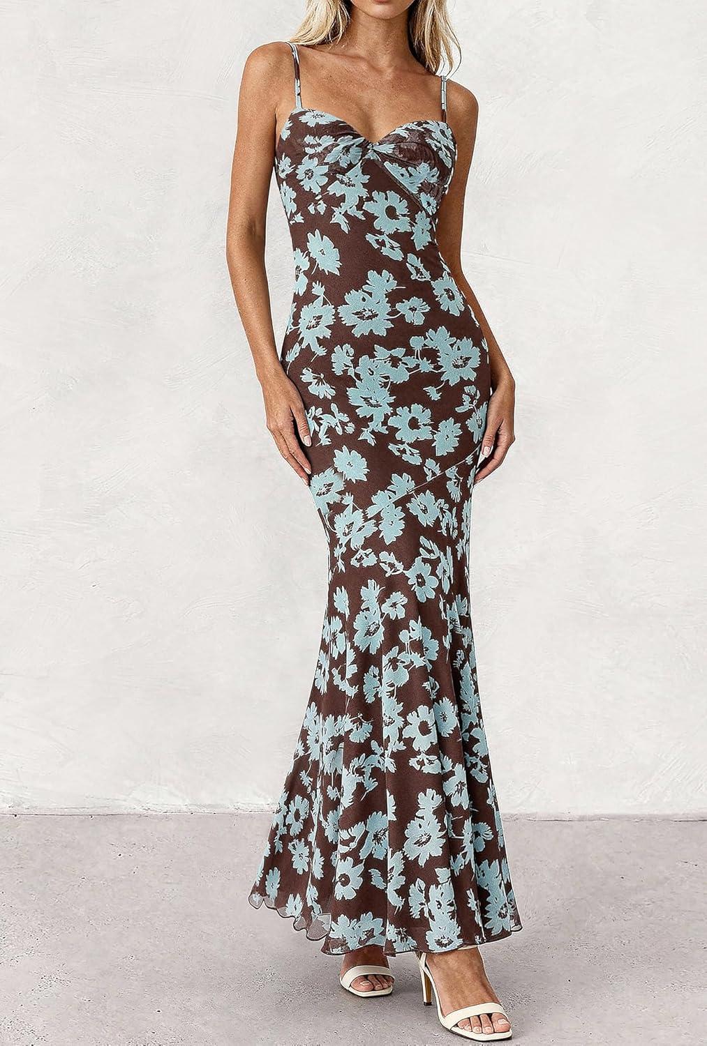 imageBTFBM Summer Dresses for Women 2026 Spaghetti Straps Sundress Twist Knot Mesh Mermaid Wedding Guest Dress Beach VacationFloral Brown Blue