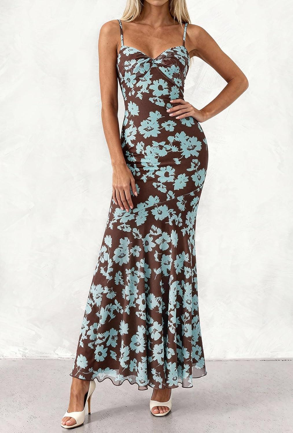 imageBTFBM Summer Dresses for Women 2026 Spaghetti Straps Sundress Twist Knot Mesh Mermaid Wedding Guest Dress Beach VacationFloral Brown Blue