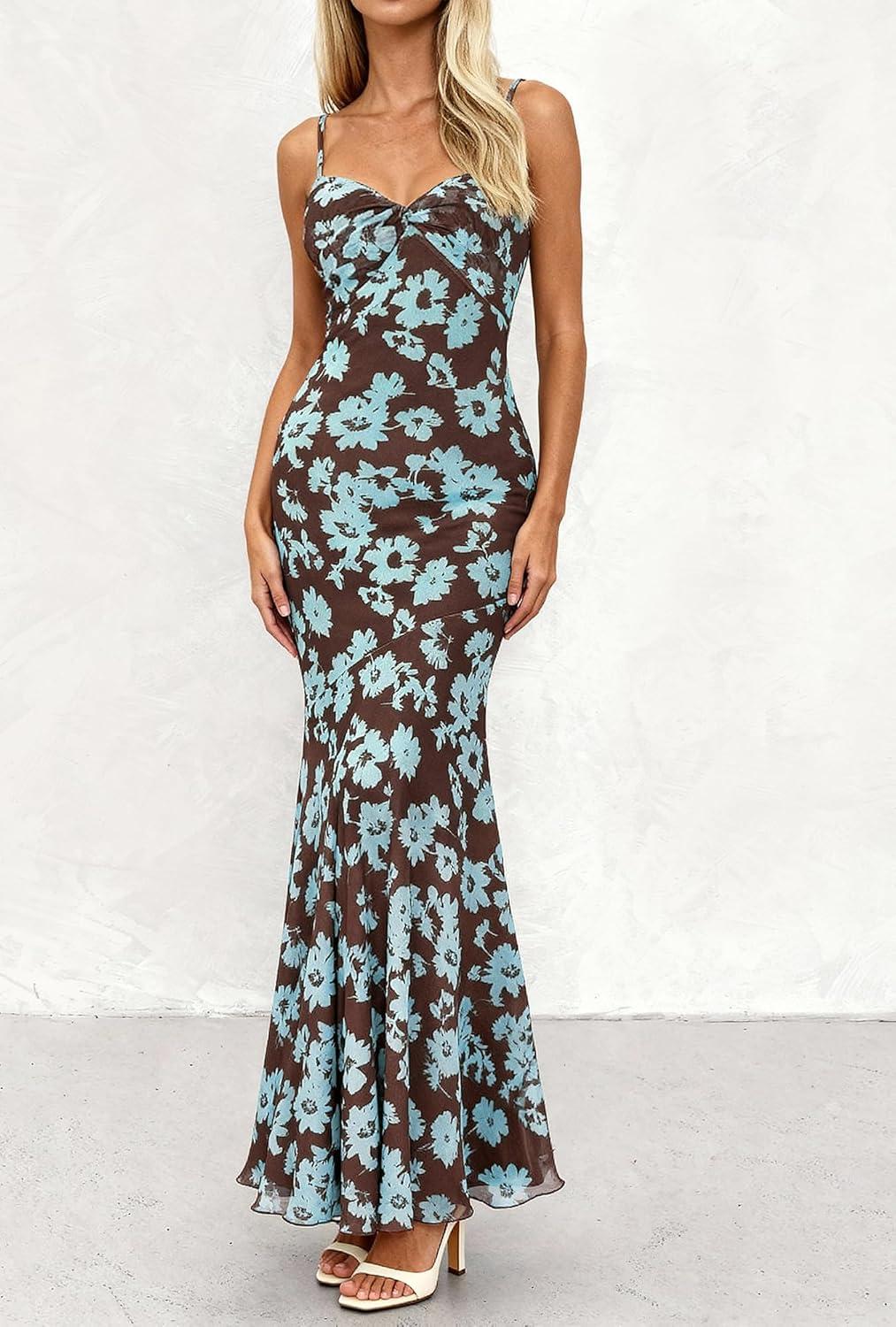 imageBTFBM Summer Dresses for Women 2026 Spaghetti Straps Sundress Twist Knot Mesh Mermaid Wedding Guest Dress Beach VacationFloral Brown Blue