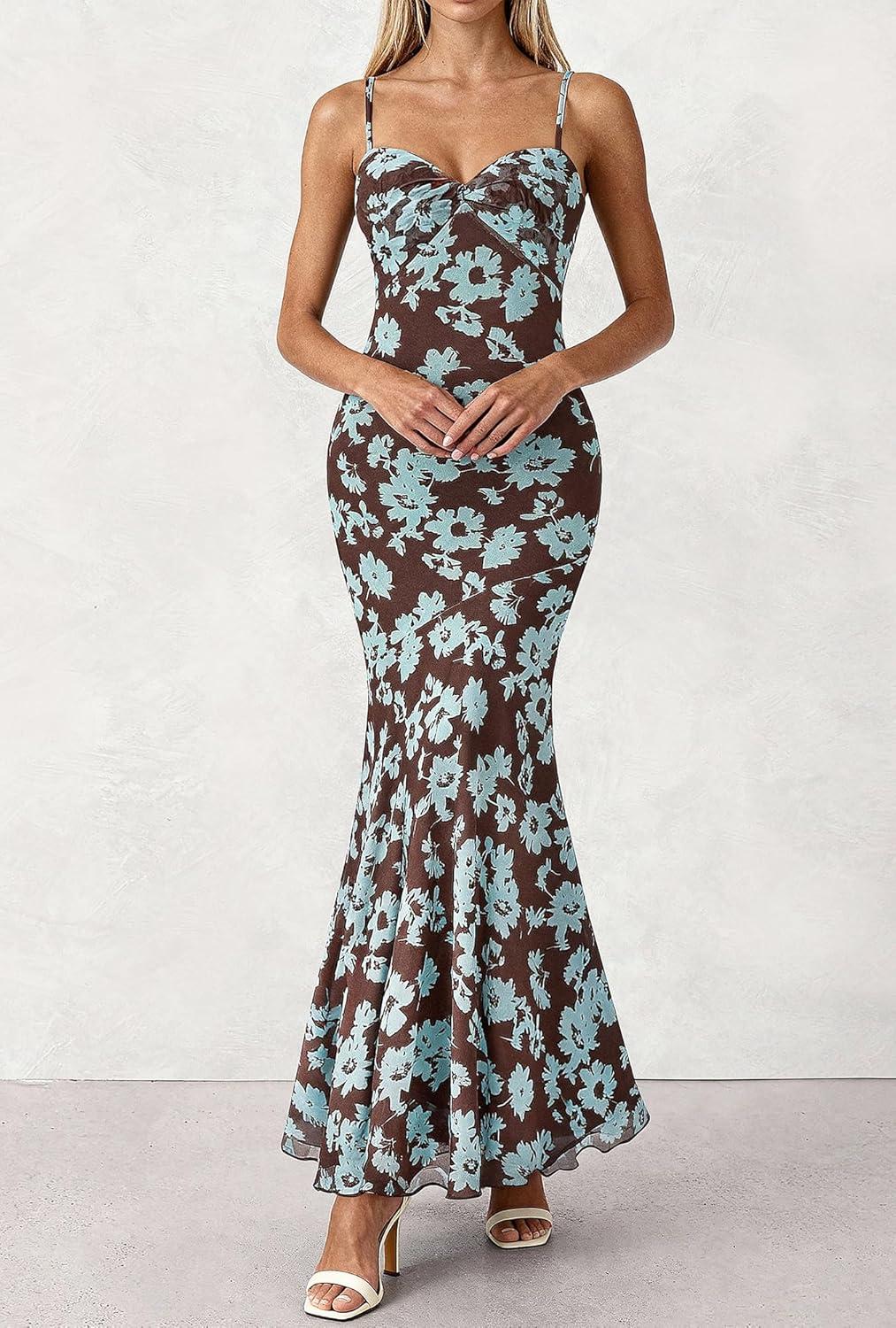 imageBTFBM Summer Dresses for Women 2026 Spaghetti Straps Sundress Twist Knot Mesh Mermaid Wedding Guest Dress Beach VacationFloral Brown Blue