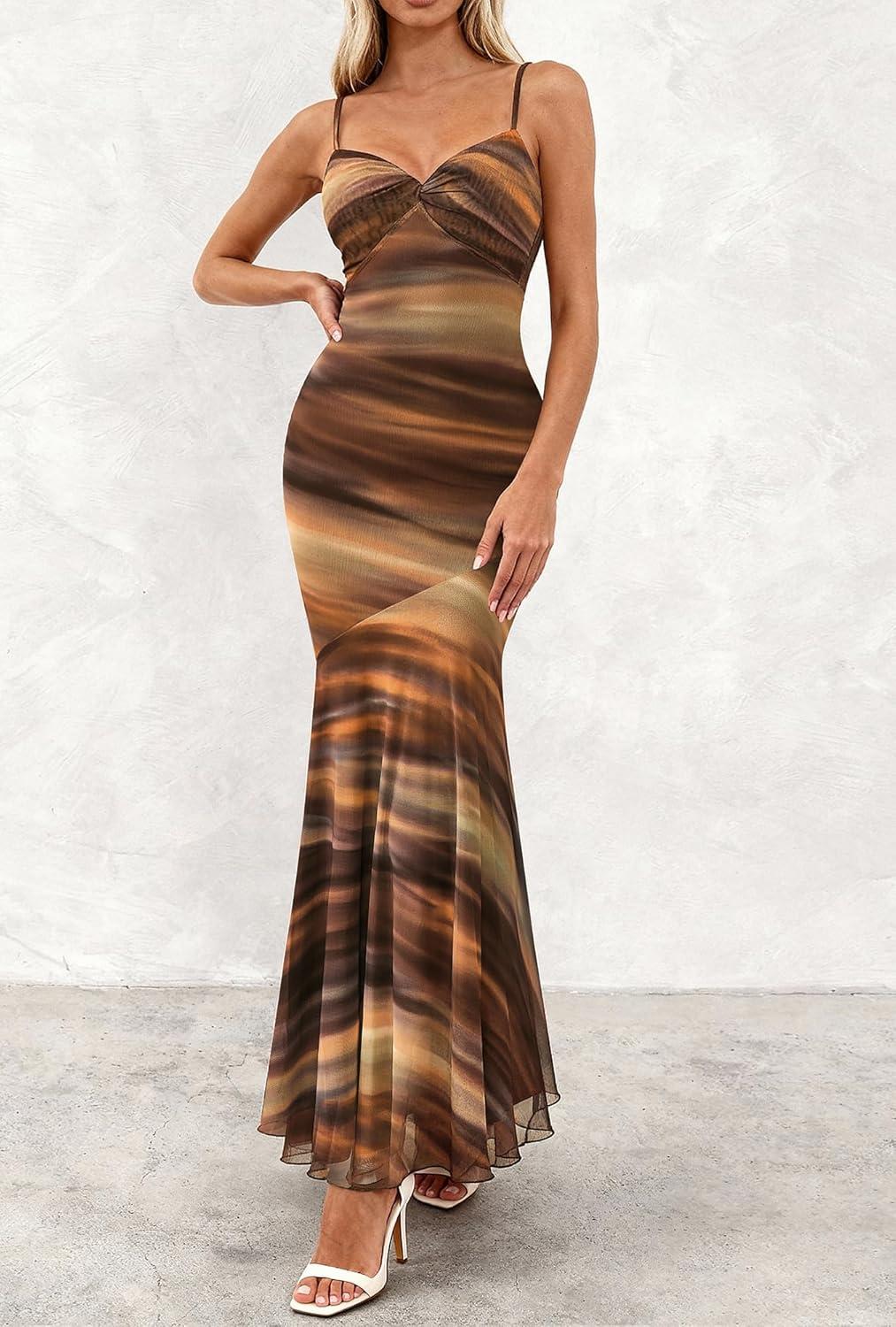 imageBTFBM Summer Dresses for Women 2026 Spaghetti Straps Sundress Twist Knot Mesh Mermaid Wedding Guest Dress Beach VacationPrint Brown