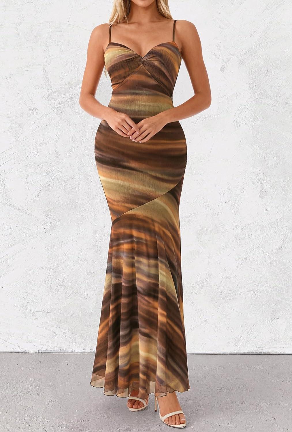 imageBTFBM Summer Dresses for Women 2026 Spaghetti Straps Sundress Twist Knot Mesh Mermaid Wedding Guest Dress Beach VacationPrint Brown