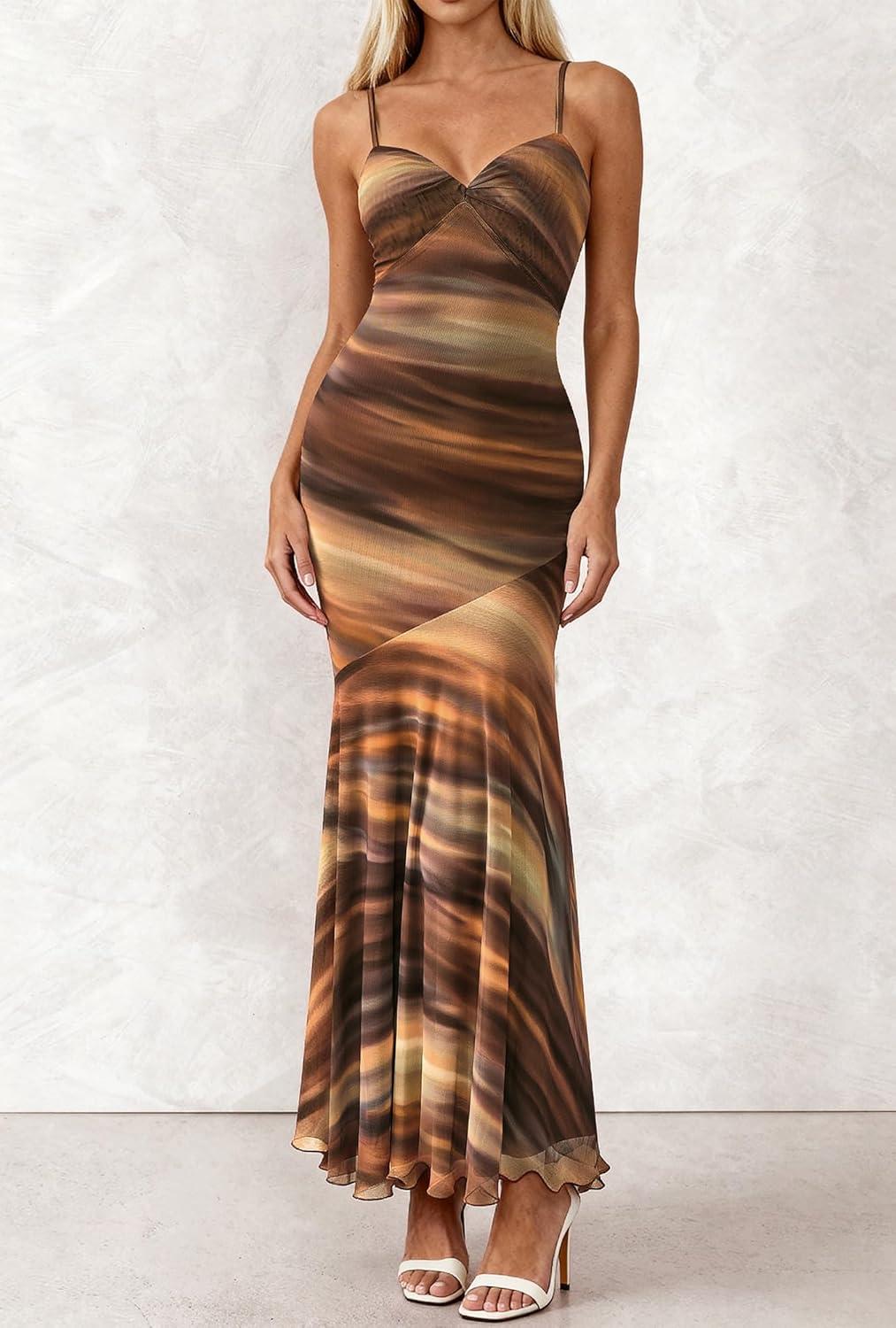 imageBTFBM Summer Dresses for Women 2026 Spaghetti Straps Sundress Twist Knot Mesh Mermaid Wedding Guest Dress Beach VacationPrint Brown