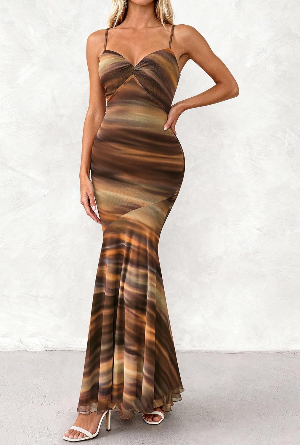 imageBTFBM Summer Dresses for Women 2026 Spaghetti Straps Sundress Twist Knot Mesh Mermaid Wedding Guest Dress Beach VacationPrint Brown