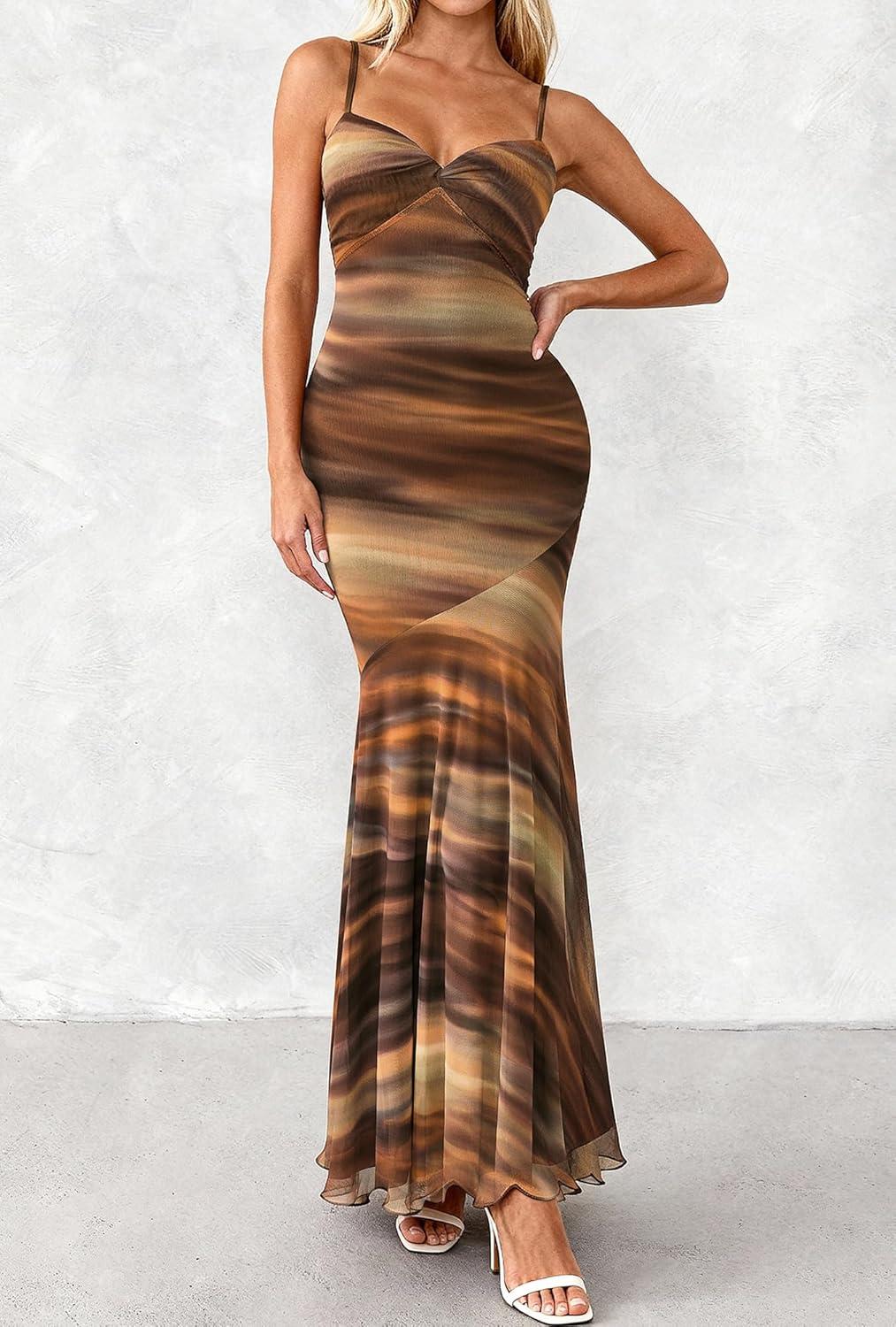 imageBTFBM Summer Dresses for Women 2026 Spaghetti Straps Sundress Twist Knot Mesh Mermaid Wedding Guest Dress Beach VacationPrint Brown