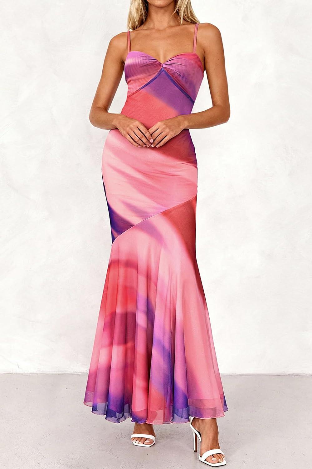 imageBTFBM Summer Dresses for Women 2026 Spaghetti Straps Sundress Twist Knot Mesh Mermaid Wedding Guest Dress Beach VacationPrint Multicolour