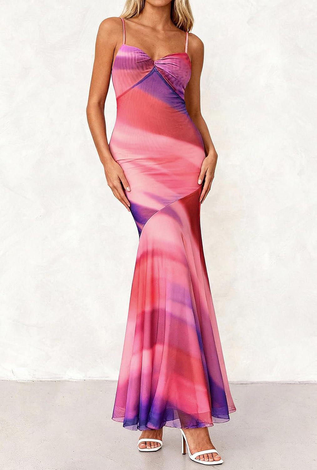 imageBTFBM Summer Dresses for Women 2026 Spaghetti Straps Sundress Twist Knot Mesh Mermaid Wedding Guest Dress Beach VacationPrint Multicolour