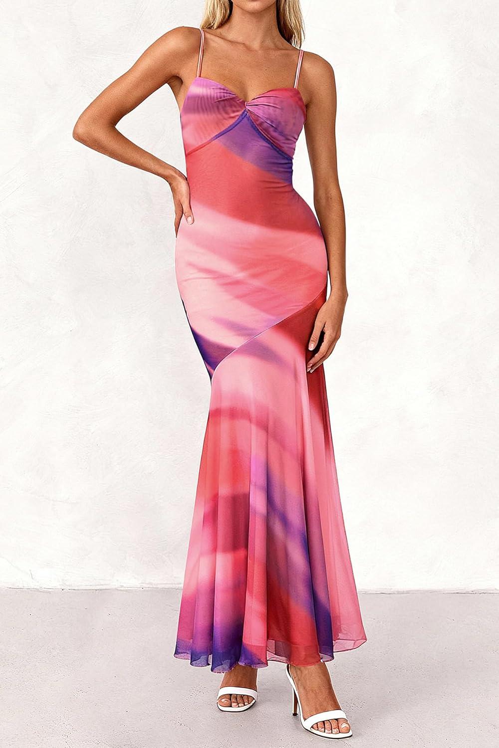 imageBTFBM Summer Dresses for Women 2026 Spaghetti Straps Sundress Twist Knot Mesh Mermaid Wedding Guest Dress Beach VacationPrint Multicolour