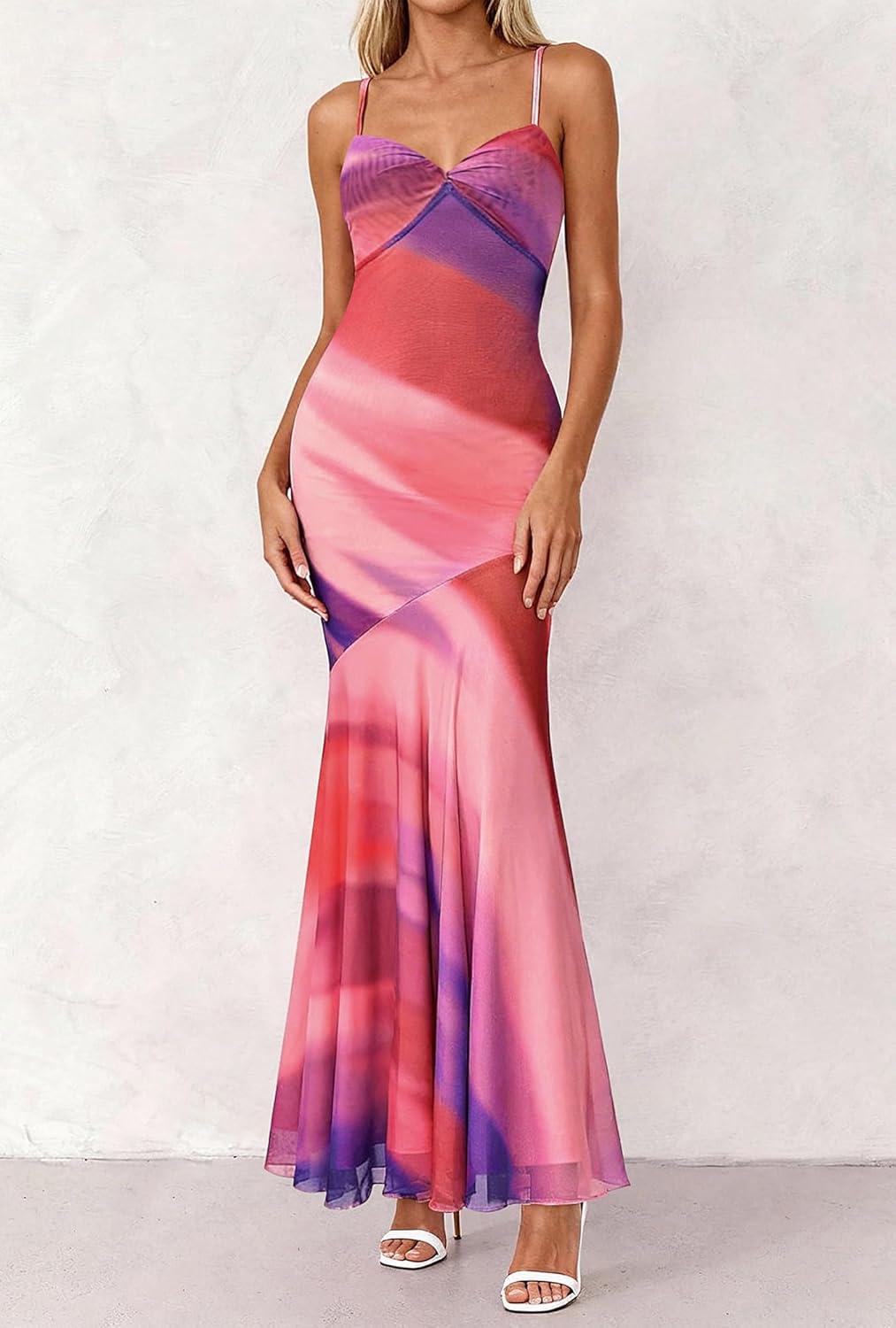 imageBTFBM Summer Dresses for Women 2026 Spaghetti Straps Sundress Twist Knot Mesh Mermaid Wedding Guest Dress Beach VacationPrint Multicolour