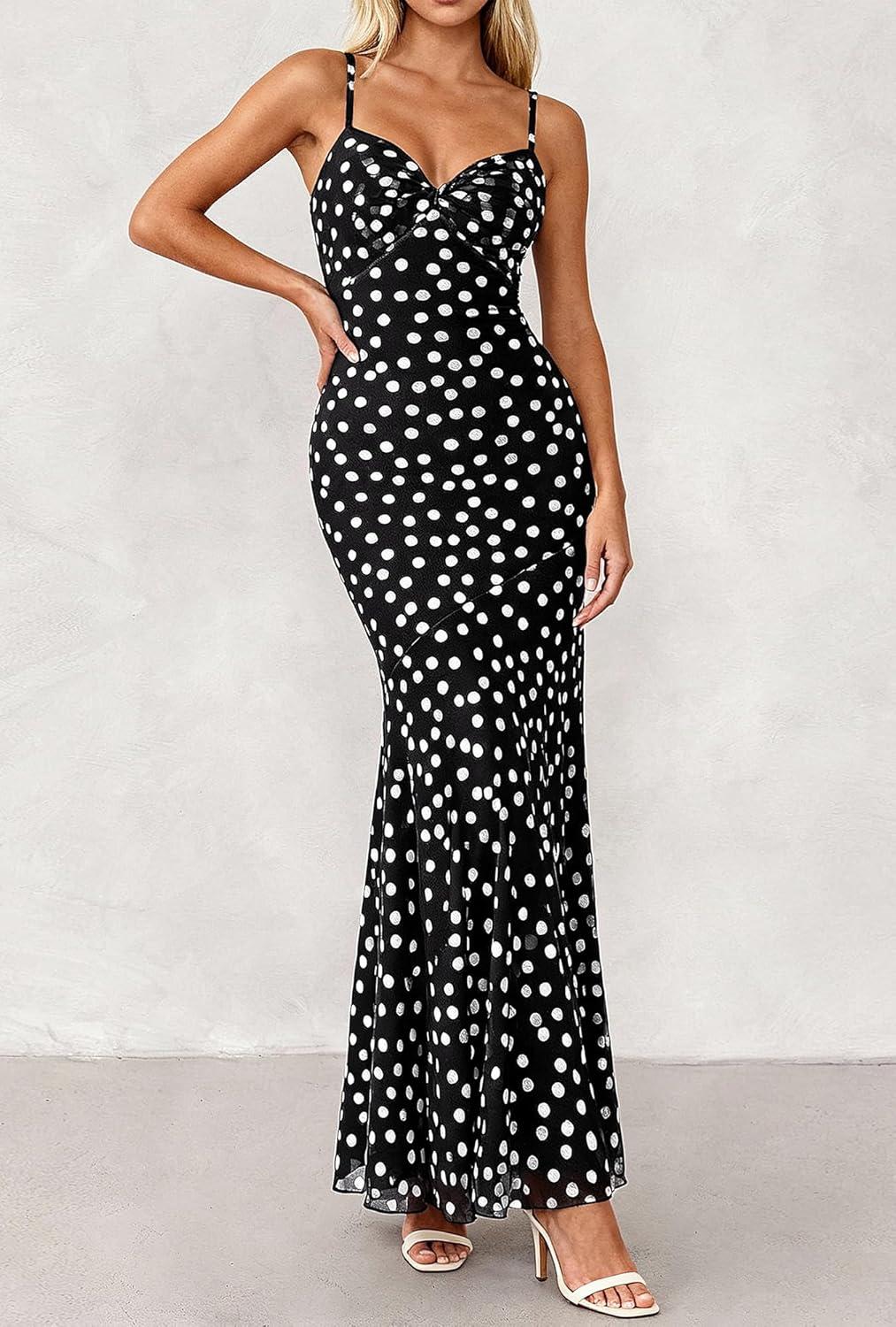 imageBTFBM Summer Dresses for Women 2026 Spaghetti Straps Sundress Twist Knot Mesh Mermaid Wedding Guest Dress Beach VacationSmall Polk Black