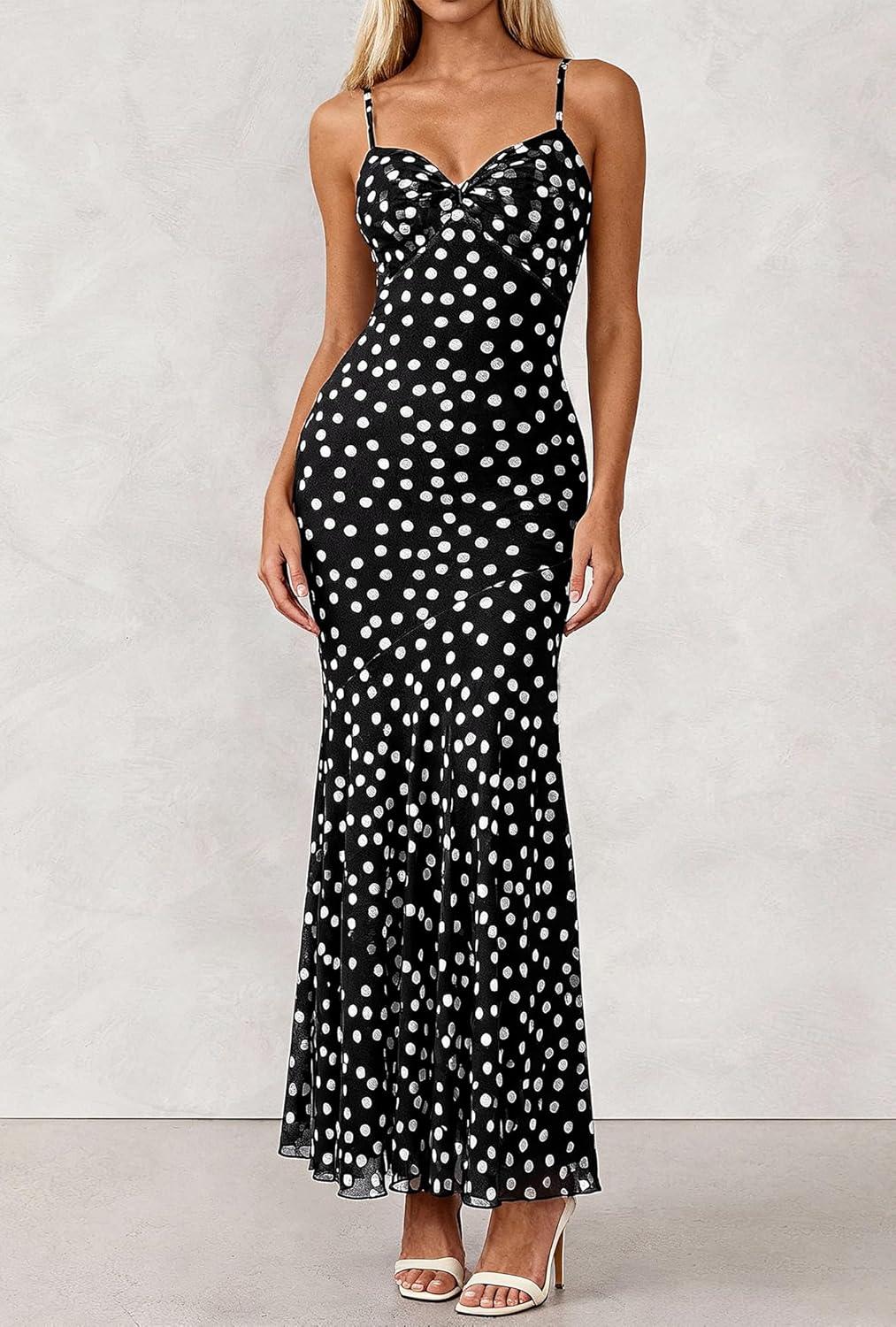 imageBTFBM Summer Dresses for Women 2026 Spaghetti Straps Sundress Twist Knot Mesh Mermaid Wedding Guest Dress Beach VacationSmall Polk Black