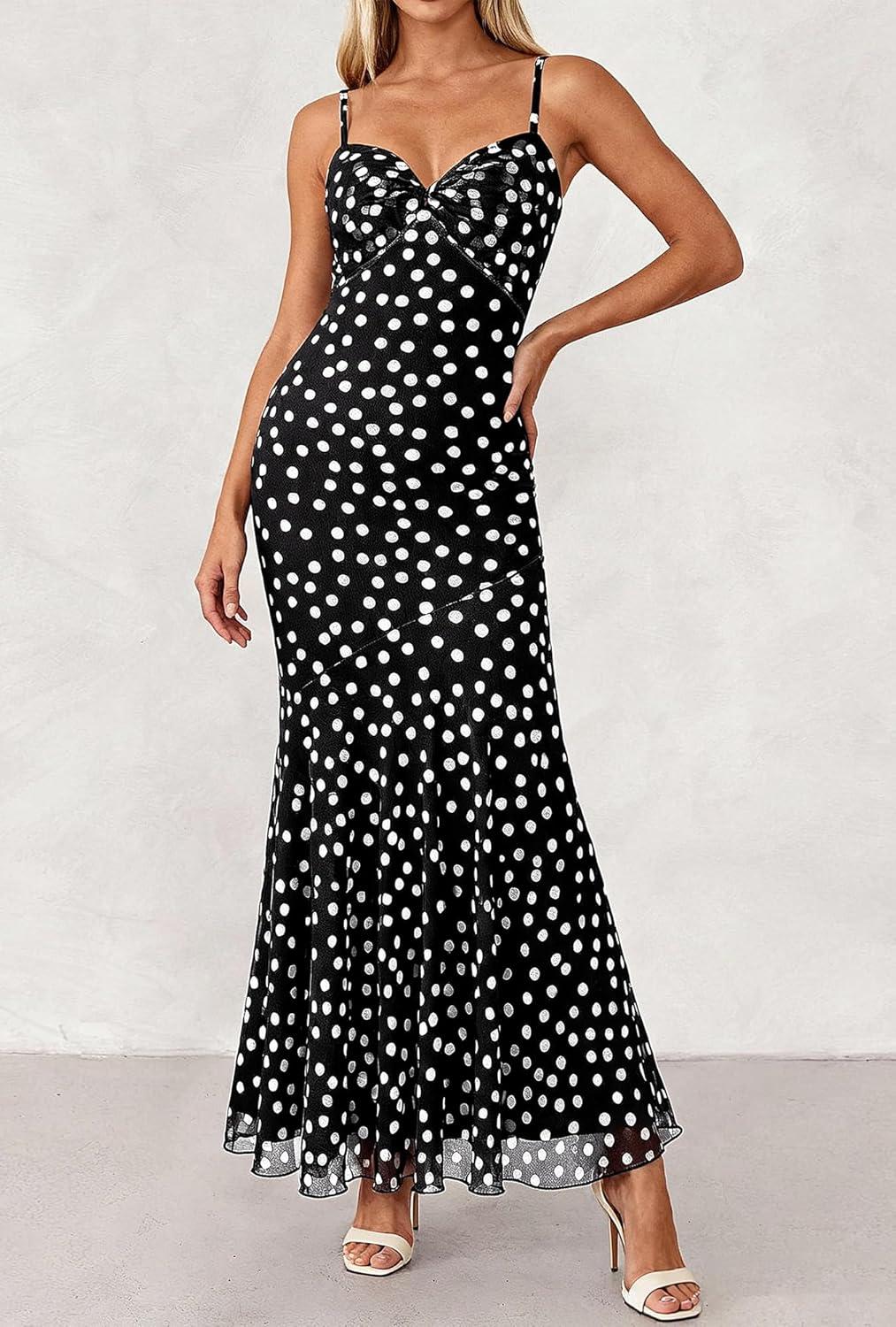 imageBTFBM Summer Dresses for Women 2026 Spaghetti Straps Sundress Twist Knot Mesh Mermaid Wedding Guest Dress Beach VacationSmall Polk Black