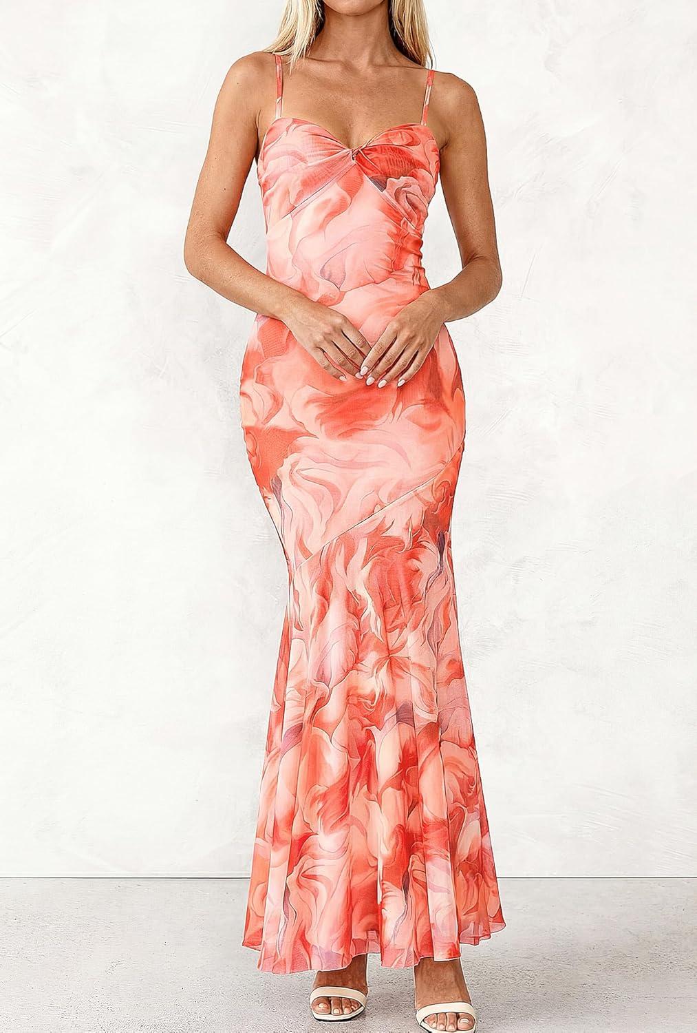 imageBTFBM Summer Dresses for Women 2026 Spaghetti Straps Sundress Twist Knot Mesh Mermaid Wedding Guest Dress Beach VacationWatercolour Orange