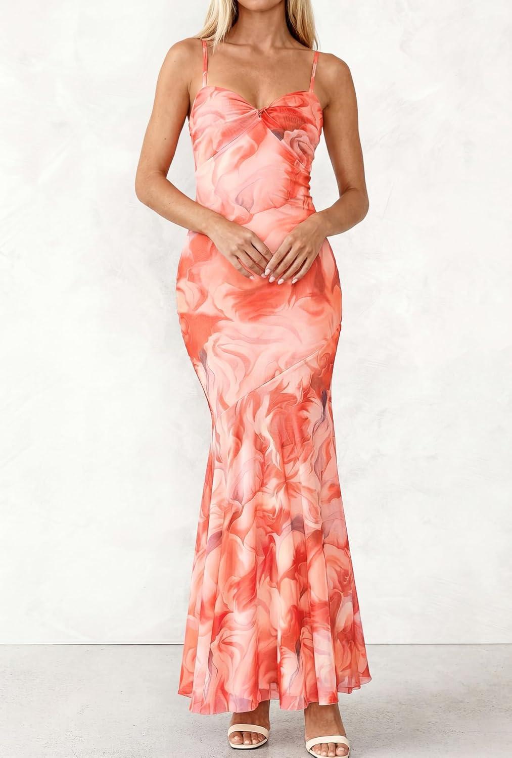 imageBTFBM Summer Dresses for Women 2026 Spaghetti Straps Sundress Twist Knot Mesh Mermaid Wedding Guest Dress Beach VacationWatercolour Orange