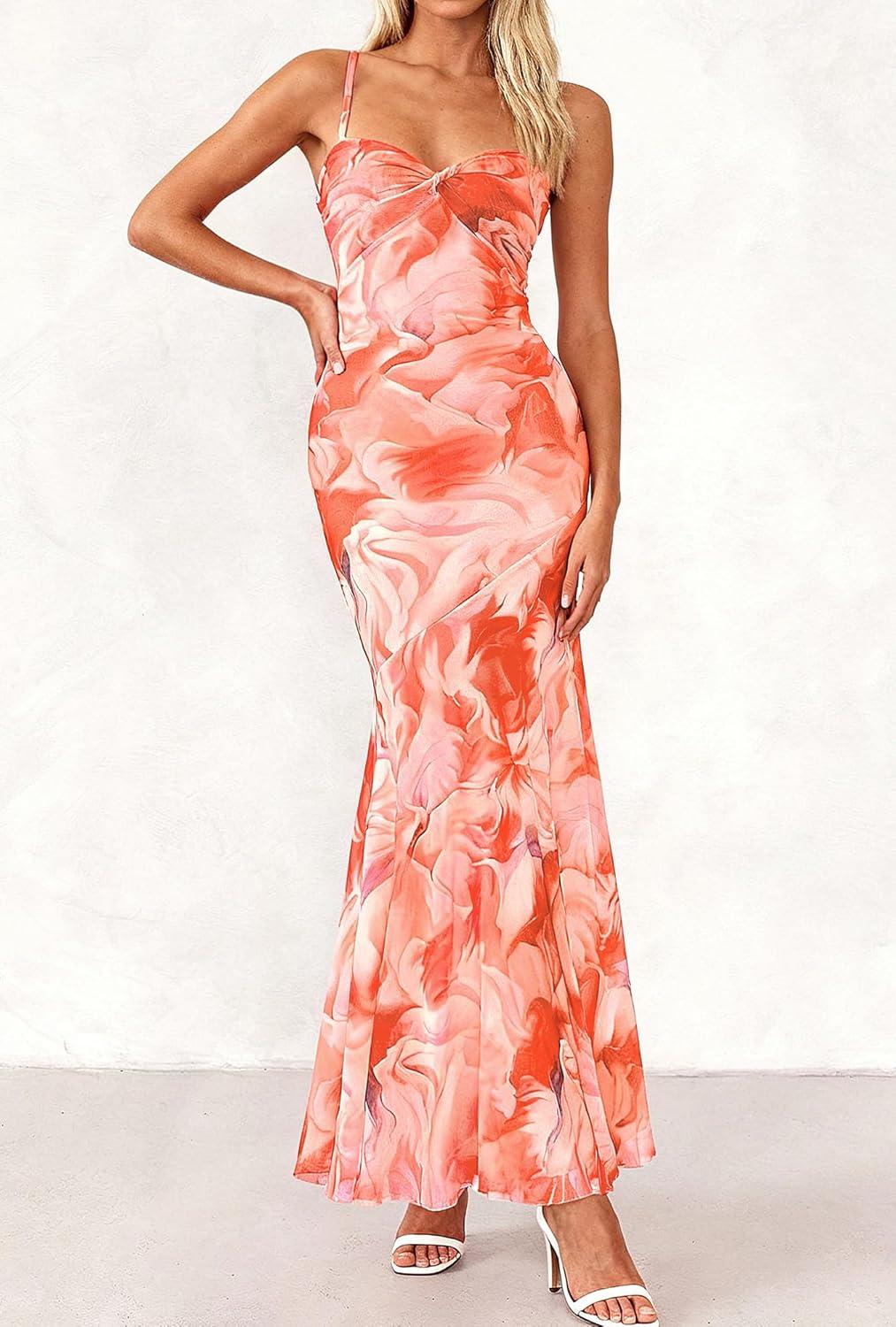 imageBTFBM Summer Dresses for Women 2026 Spaghetti Straps Sundress Twist Knot Mesh Mermaid Wedding Guest Dress Beach VacationWatercolour Orange