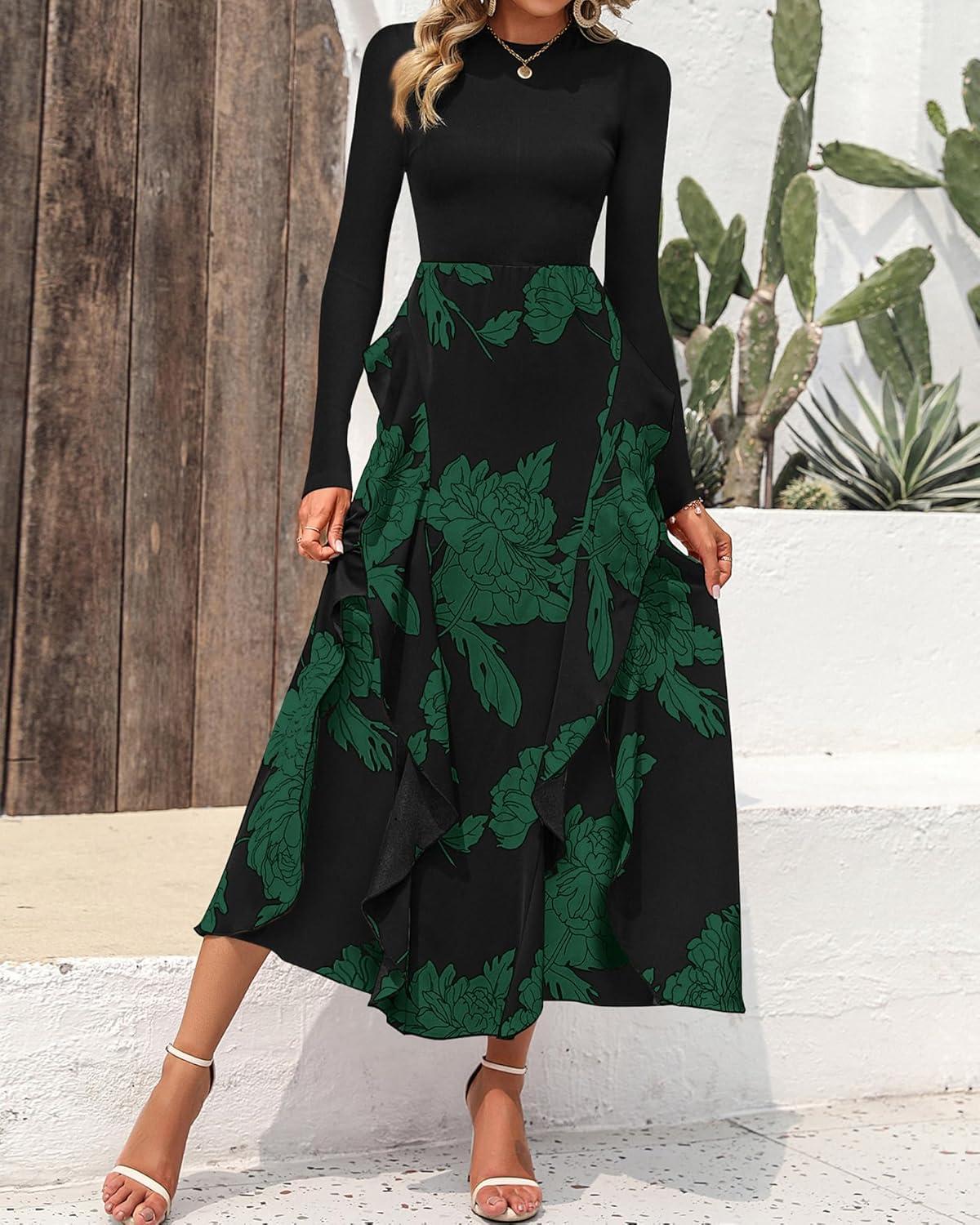 imageBTFBM Womens Floral Maxi Dress Fall 2025 Casual Crewneck Long Sleeve Ruffle Flowy Cocktail Wedding Guest DressesBig Floral Dark Green
