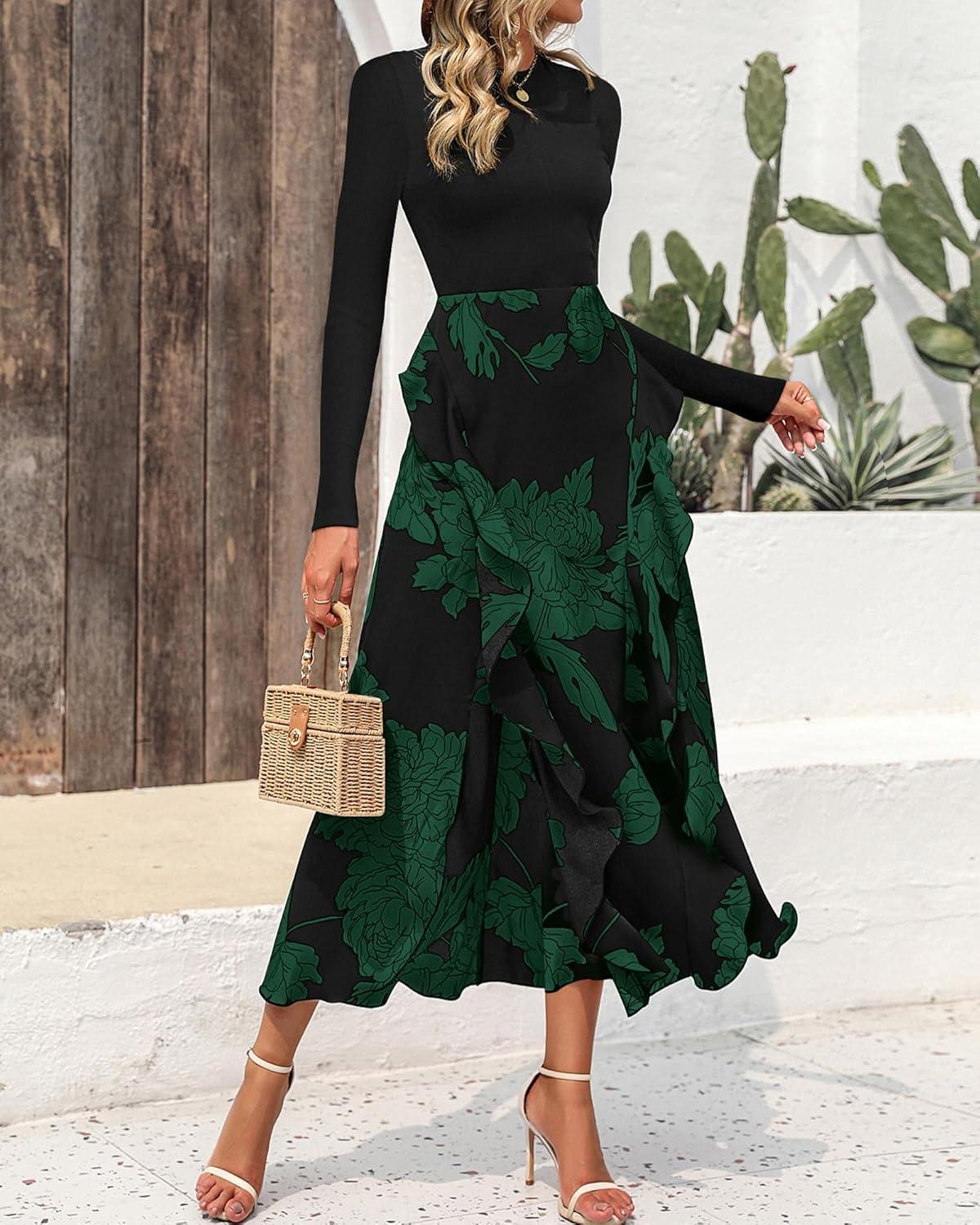 imageBTFBM Womens Floral Maxi Dress Fall 2025 Casual Crewneck Long Sleeve Ruffle Flowy Cocktail Wedding Guest DressesBig Floral Dark Green