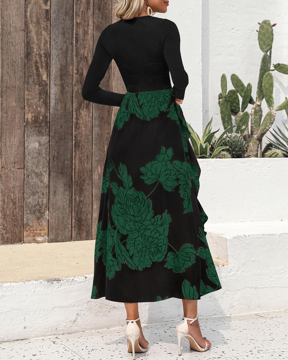 imageBTFBM Womens Floral Maxi Dress Fall 2025 Casual Crewneck Long Sleeve Ruffle Flowy Cocktail Wedding Guest DressesBig Floral Dark Green