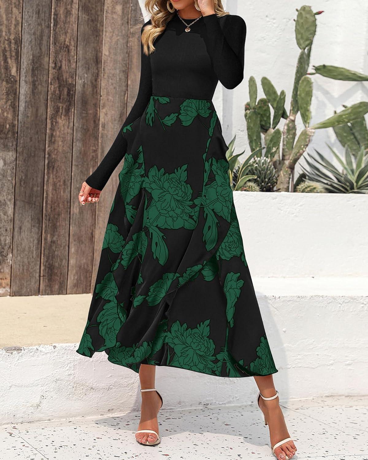 imageBTFBM Womens Floral Maxi Dress Fall 2025 Casual Crewneck Long Sleeve Ruffle Flowy Cocktail Wedding Guest DressesBig Floral Dark Green