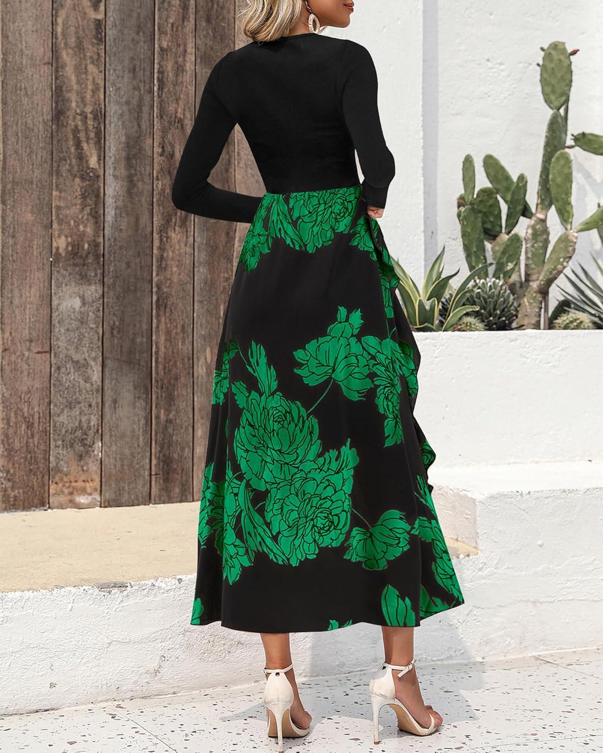 imageBTFBM Womens Floral Maxi Dress Fall 2025 Casual Crewneck Long Sleeve Ruffle Flowy Cocktail Wedding Guest DressesBig Floral Green