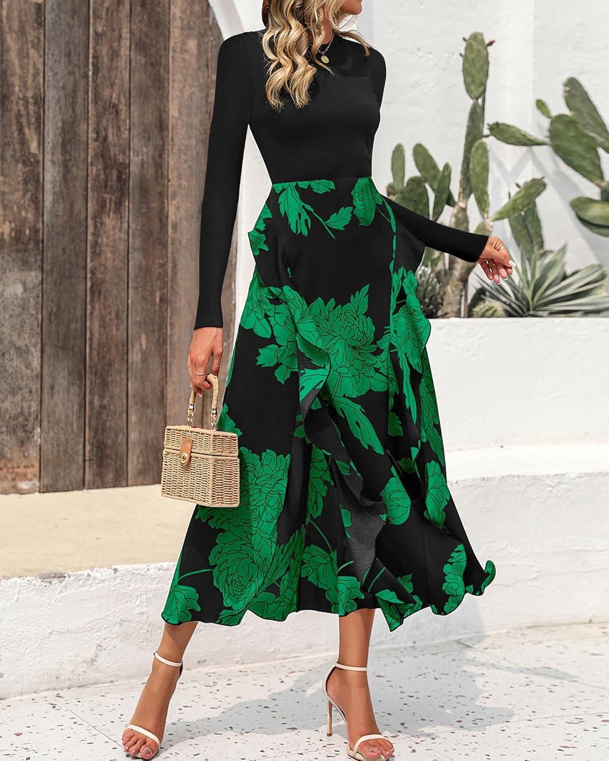 imageBTFBM Womens Floral Maxi Dress Fall 2025 Casual Crewneck Long Sleeve Ruffle Flowy Cocktail Wedding Guest DressesBig Floral Green