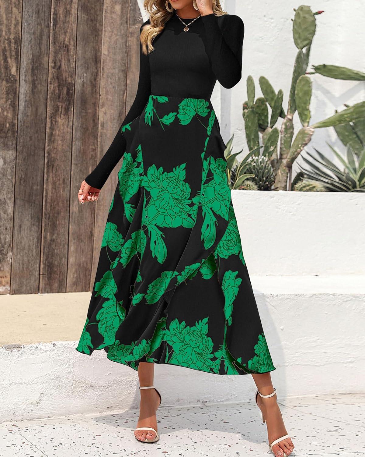 imageBTFBM Womens Floral Maxi Dress Fall 2025 Casual Crewneck Long Sleeve Ruffle Flowy Cocktail Wedding Guest DressesBig Floral Green