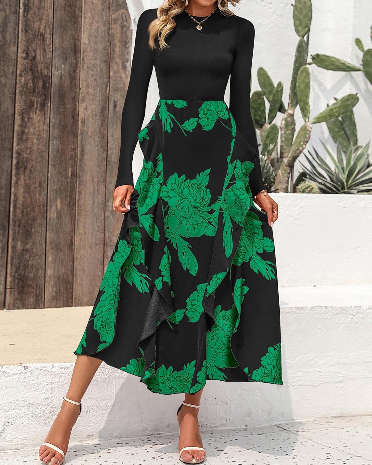 imageBTFBM Womens Floral Maxi Dress Fall 2025 Casual Crewneck Long Sleeve Ruffle Flowy Cocktail Wedding Guest DressesBig Floral Green