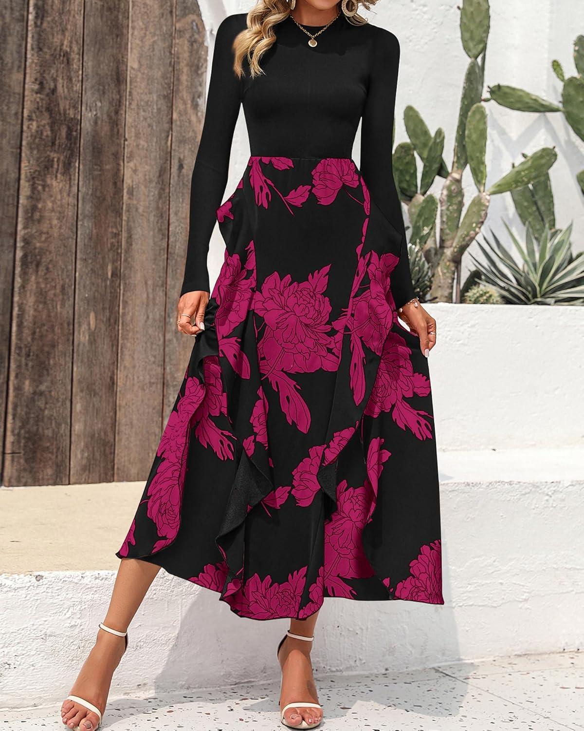 imageBTFBM Womens Floral Maxi Dress Fall 2025 Casual Crewneck Long Sleeve Ruffle Flowy Cocktail Wedding Guest DressesBig Floral Purple Red