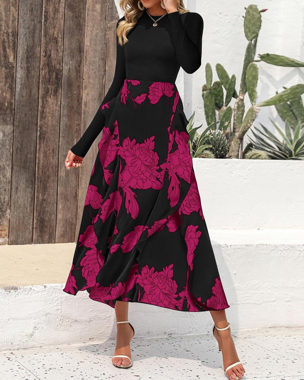 imageBTFBM Womens Floral Maxi Dress Fall 2025 Casual Crewneck Long Sleeve Ruffle Flowy Cocktail Wedding Guest DressesBig Floral Purple Red