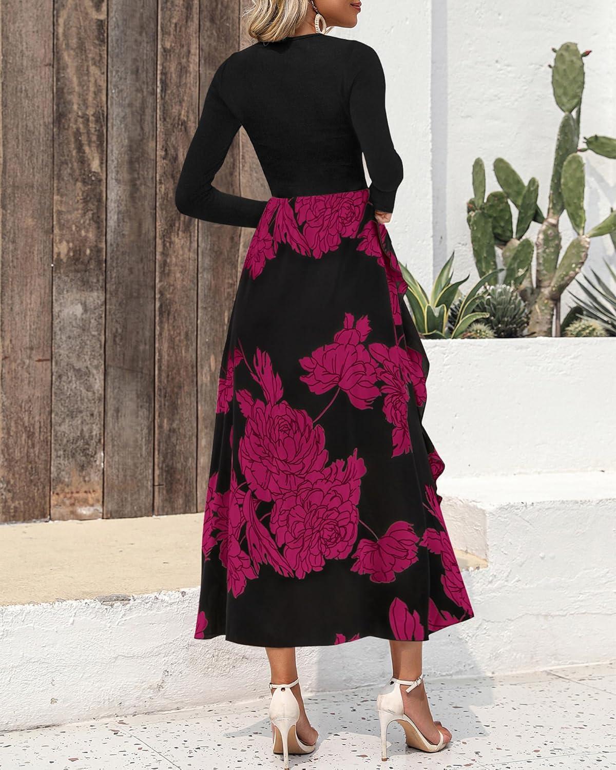 imageBTFBM Womens Floral Maxi Dress Fall 2025 Casual Crewneck Long Sleeve Ruffle Flowy Cocktail Wedding Guest DressesBig Floral Purple Red