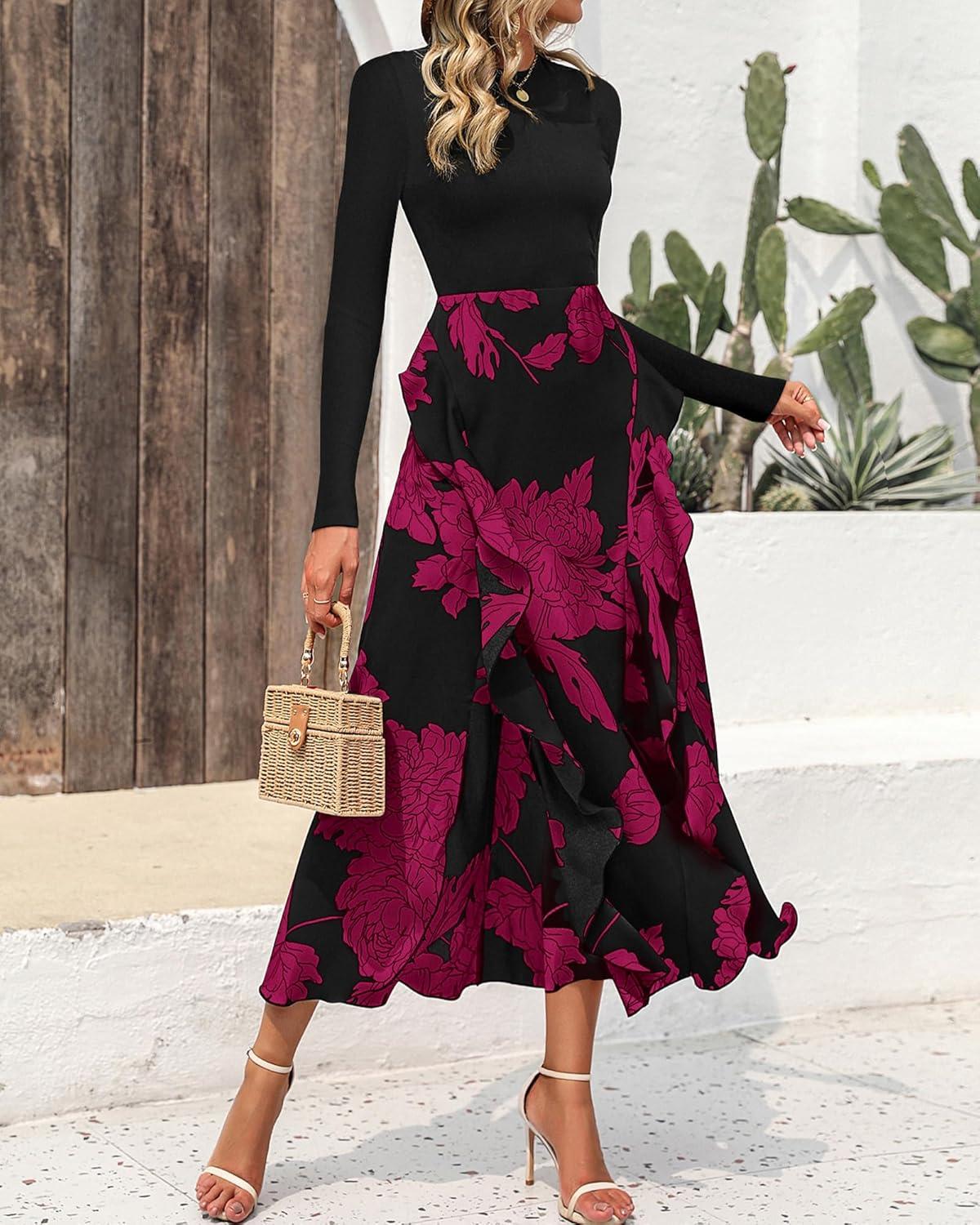 imageBTFBM Womens Floral Maxi Dress Fall 2025 Casual Crewneck Long Sleeve Ruffle Flowy Cocktail Wedding Guest DressesBig Floral Purple Red