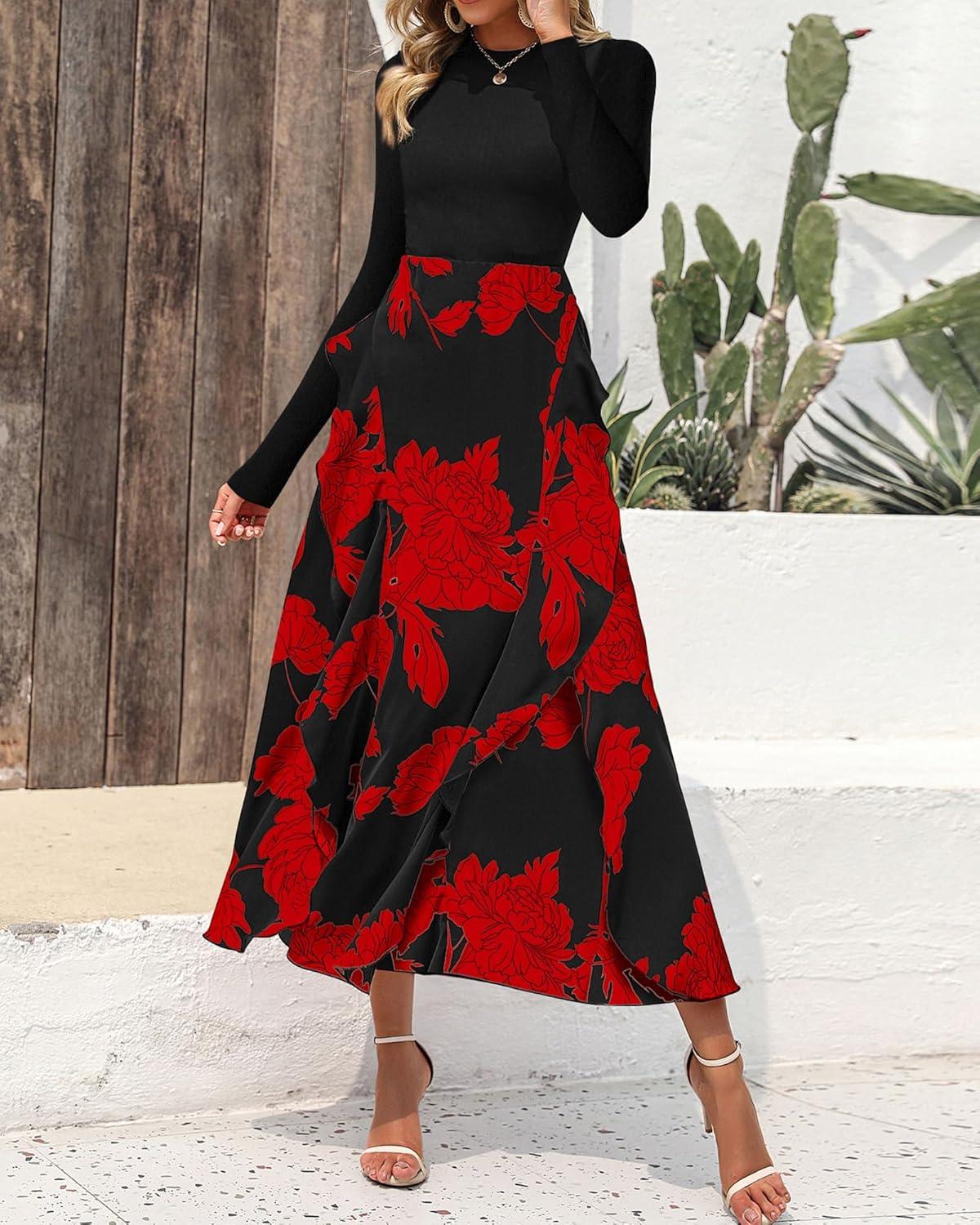 imageBTFBM Womens Floral Maxi Dress Fall 2025 Casual Crewneck Long Sleeve Ruffle Flowy Cocktail Wedding Guest DressesBig Floral Red