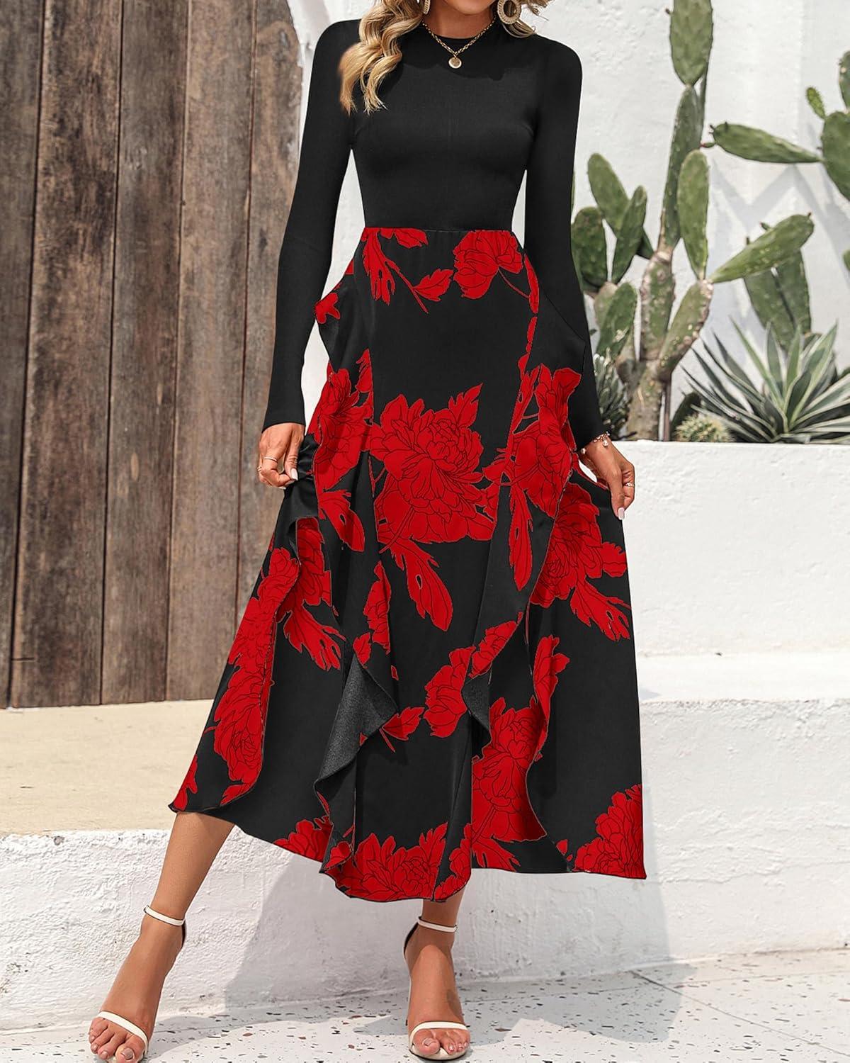 imageBTFBM Womens Floral Maxi Dress Fall 2025 Casual Crewneck Long Sleeve Ruffle Flowy Cocktail Wedding Guest DressesBig Floral Red