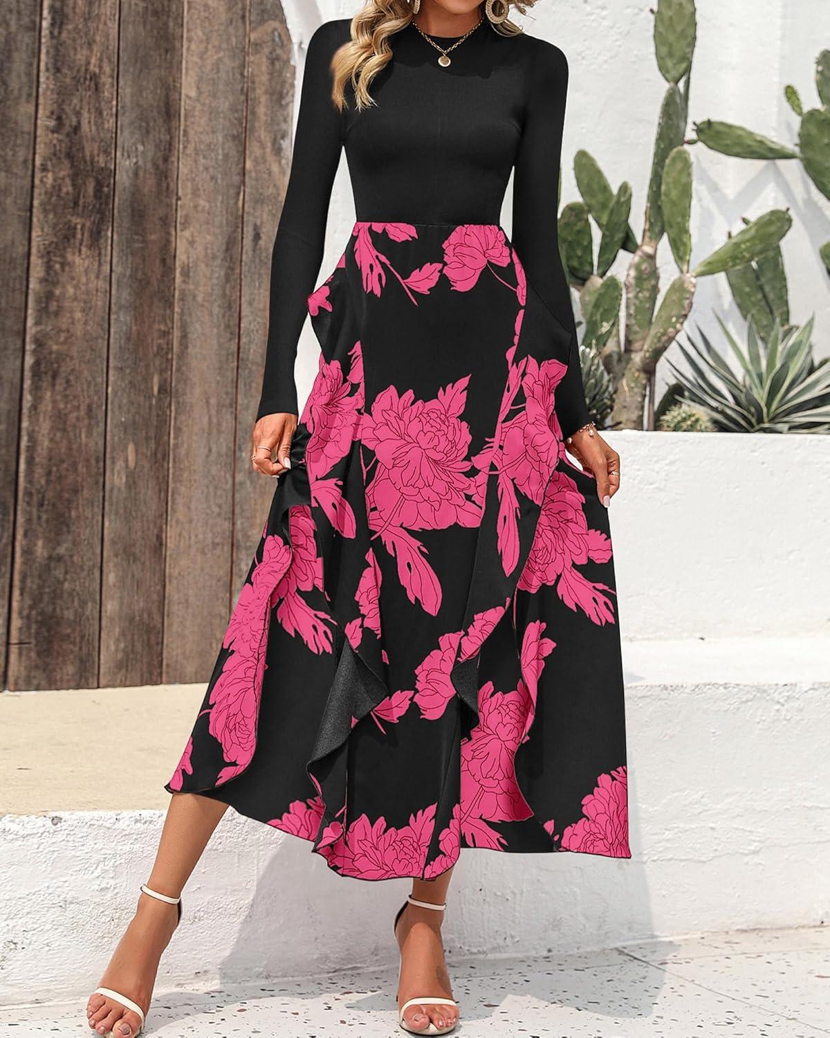 imageBTFBM Womens Floral Maxi Dress Fall 2025 Casual Crewneck Long Sleeve Ruffle Flowy Cocktail Wedding Guest DressesBig Floral Rose Red