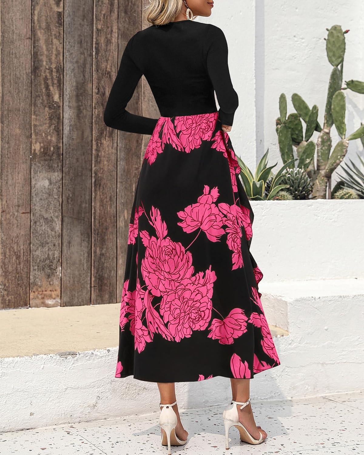 imageBTFBM Womens Floral Maxi Dress Fall 2025 Casual Crewneck Long Sleeve Ruffle Flowy Cocktail Wedding Guest DressesBig Floral Rose Red