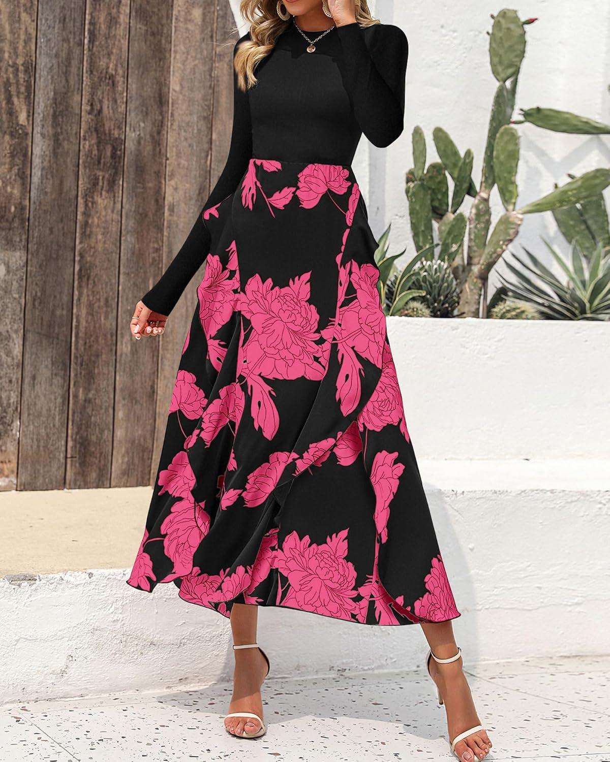 imageBTFBM Womens Floral Maxi Dress Fall 2025 Casual Crewneck Long Sleeve Ruffle Flowy Cocktail Wedding Guest DressesBig Floral Rose Red