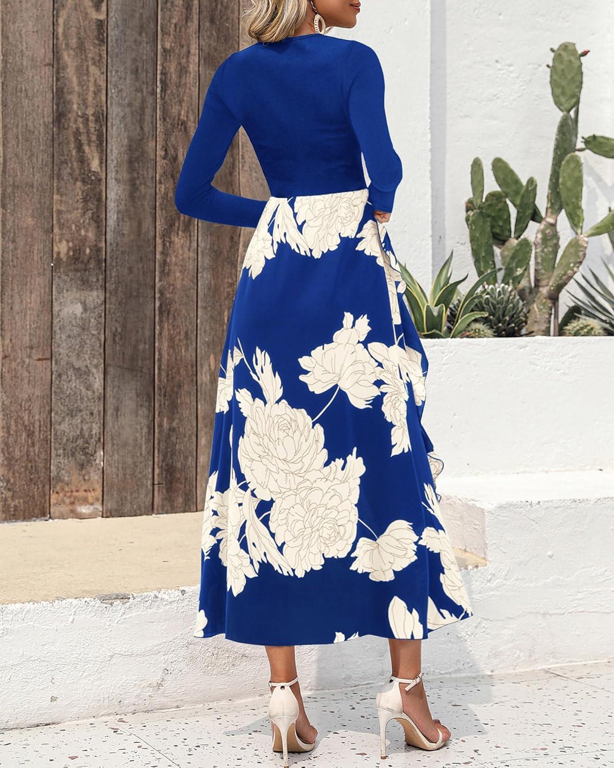 imageBTFBM Womens Floral Maxi Dress Fall 2025 Casual Crewneck Long Sleeve Ruffle Flowy Cocktail Wedding Guest DressesWhite Floral Bright Blue