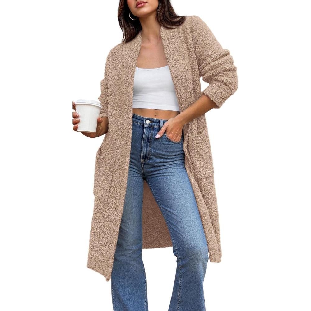 imageBTFBM Long Cardigans for Women Trendy Fall 2025 Open Front Long Sleeve Oversized Sweaters Casual Knit Winter CoatsCamel