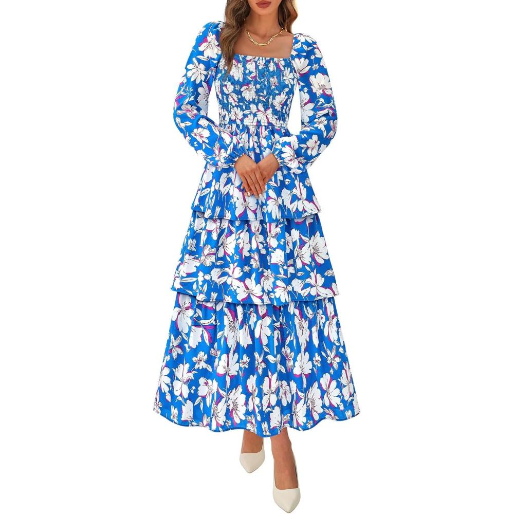 imageBTFBM Spring Dresses for Women 2026 Floral Long Sleeve Smocked Square Neck Ruffle Tiered Flowy Party Wedding Guest DressFloral Blue White