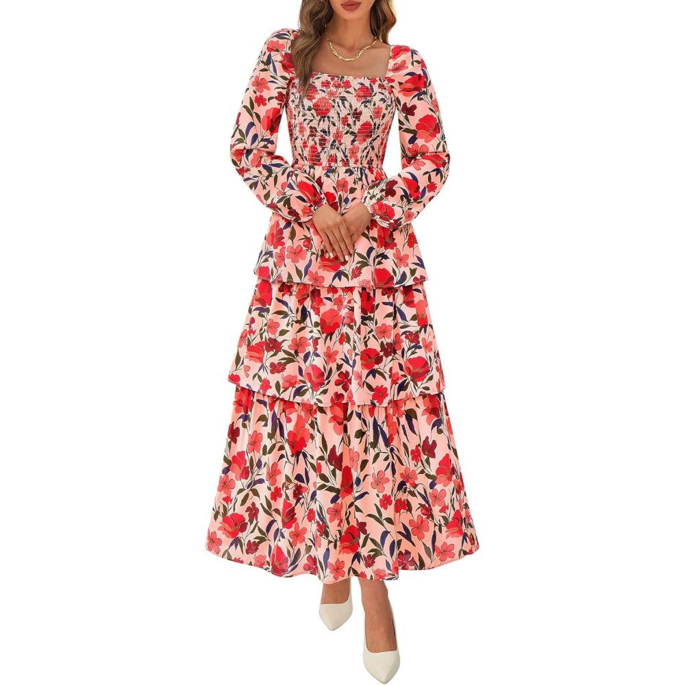 imageBTFBM Spring Dresses for Women 2026 Floral Long Sleeve Smocked Square Neck Ruffle Tiered Flowy Party Wedding Guest DressFloral Orange Pink Red