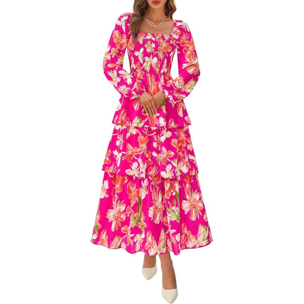 imageBTFBM Spring Dresses for Women 2026 Floral Long Sleeve Smocked Square Neck Ruffle Tiered Flowy Party Wedding Guest DressFloral Rose Red Red