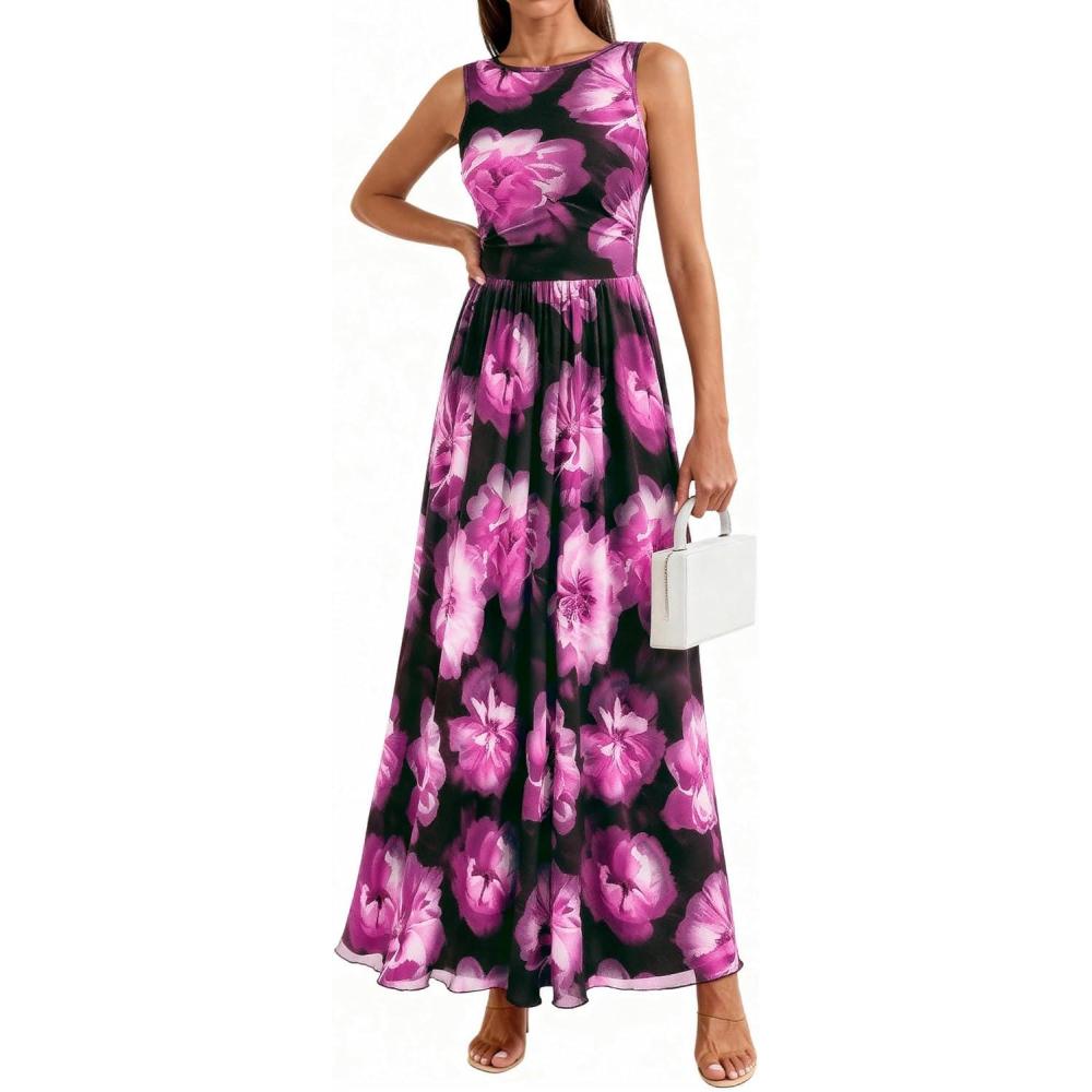 imageBTFBM Summer Dresses for Women 2026 Floral Maxi Dress Sleeveless Mesh Flowy Long Sundress Beach Vacation Clothes PocketsBlack Flower