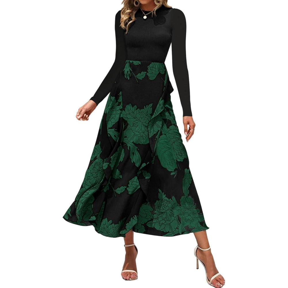 imageBTFBM Womens Floral Maxi Dress Fall 2025 Casual Crewneck Long Sleeve Ruffle Flowy Cocktail Wedding Guest DressesBig Floral Dark Green