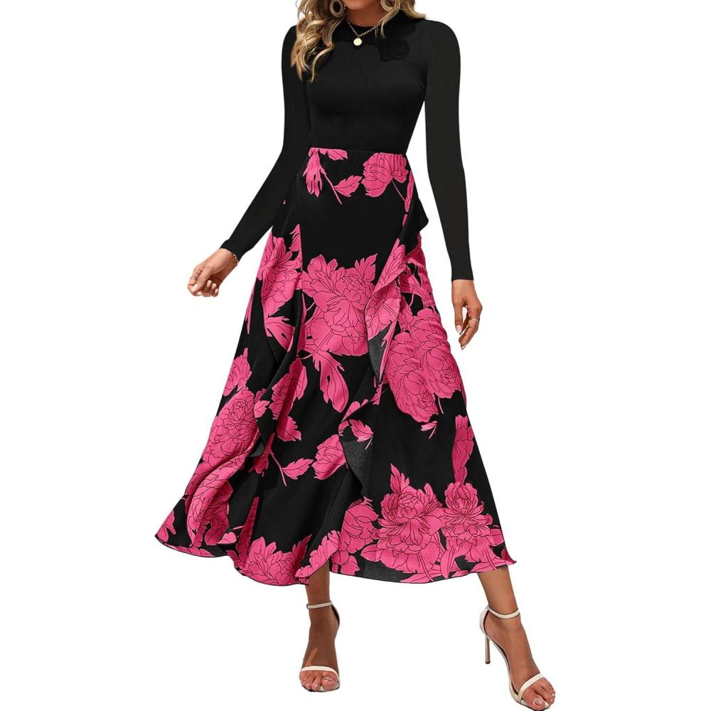 imageBTFBM Womens Floral Maxi Dress Fall 2025 Casual Crewneck Long Sleeve Ruffle Flowy Cocktail Wedding Guest DressesBig Floral Rose Red