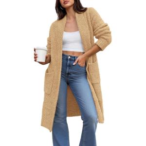 BTFBM Long Cardigans for Women Trendy Fall 2025 Open Front Long Sleeve Oversized Sweaters Casual Knit Winter Coats(Khaki)