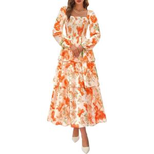 BTFBM Spring Dresses for Women 2026 Floral Long Sleeve Smocked Square Neck Ruffle Tiered Flowy Party Wedding Guest Dress(Floral Apricot Orange)