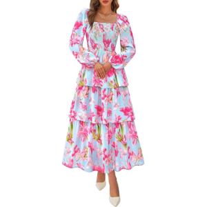 BTFBM Spring Dresses for Women 2026 Floral Long Sleeve Smocked Square Neck Ruffle Tiered Flowy Party Wedding Guest Dress(Floral Light Blue Pink)
