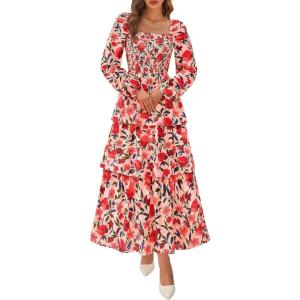 BTFBM Spring Dresses for Women 2026 Floral Long Sleeve Smocked Square Neck Ruffle Tiered Flowy Party Wedding Guest Dress(Floral Orange Pink Red)