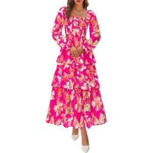 BTFBM Spring Dresses for Women 2026 Floral Long Sleeve Smocked Square Neck Ruffle Tiered Flowy Party Wedding Guest Dress(Floral Rose Red Red)